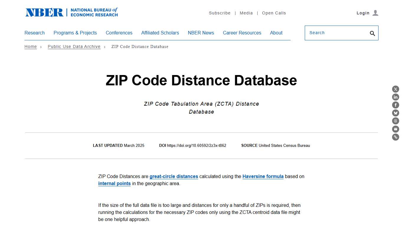 ZIP Code Distance Database | NBER